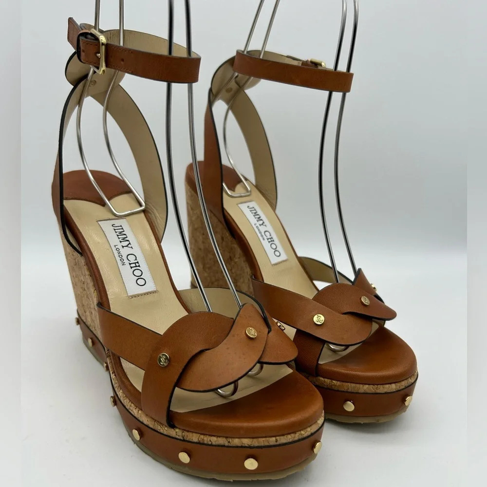 $795 Jimmy Choo Women's Cognac Drya Studded Wedge Sandal Shoes Size EU 38